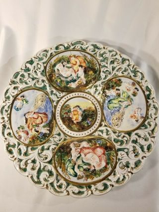 Rare Vintage Capodimonte Large Hanging Decorative Porcelain Plate - Made In Italy