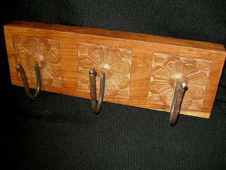 Antique Primitive Hand Carved Oak Wood Wall Rack / Coat Hanger Forged Hooks 15 "
