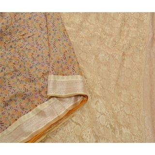Sanskriti Vintage Cream Saree Pure Silk Woven & Printed Craft 5 Yd Fabric Sari