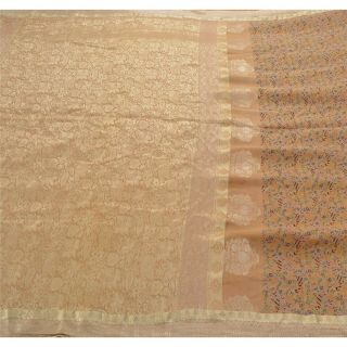 Sanskriti Vintage Cream Saree Pure Silk Woven & Printed Craft 5 Yd Fabric Sari 2