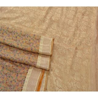 Sanskriti Vintage Cream Saree Pure Silk Woven & Printed Craft 5 Yd Fabric Sari 3