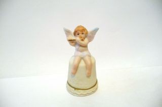 Thimble Bisque Enesco Topper Of An Angel Playing A Blute W/antiqued Floral Base