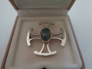 Rare Vintage Ola Gorie Silver Moss Agate Iona Celtic Cross Brooch