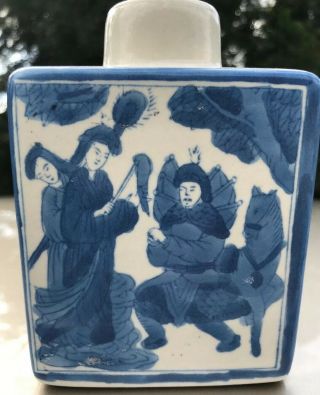 Antique Chinese Porcelain Blue And White Tea Caddy Jar Men,  Women,  Horse Scene