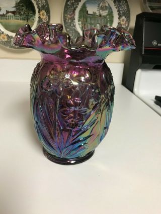 Rare 8 " Fenton Violet Iridized Carnival Glass Daffodil Vase
