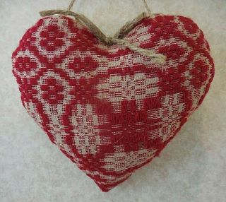 Primitive Vintage Woven Red Coverlet Heart Pillow Farmhouse Decor Wall Hanging