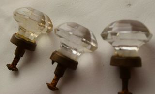 3 Vintage Glass Drawer Pulls/knobs W/brass Base,  1 3/8 " Knob,  8 Sided