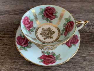 Rare Paragon Red Cabbage Roses Wide Mouth Tea Cup And Saucer,  Very Stunning