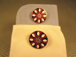 Vintage Red Black And White Enamel Yellow Gold Plated Cuff Links