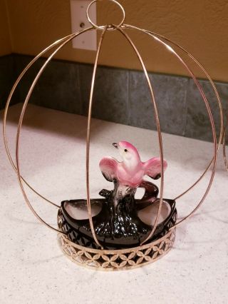 Rare Pair Maddux California Pottery Planters Pink Black Birds In Birdcages 500 - R
