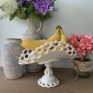 Westmoreland White Milk Glass Doric Lace Edge Pedestal Dish Antique Banana Stand