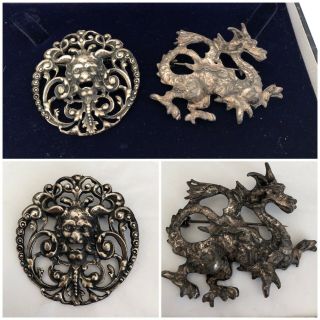 Vintage Jewellery Rare Silver Tone Chinese Mystical Dragon Brooch Pins X2