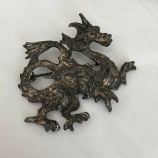 Vintage Jewellery Rare Silver Tone Chinese Mystical Dragon Brooch Pins x2 3