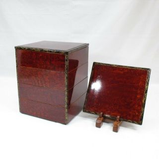 D018 Japanese Tier Of Old Lacquered Boxes Jubako With Good Grain Pattern.