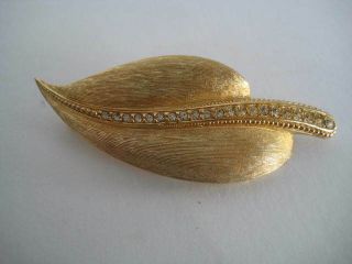 Rare Vintage Christian Dior Brushed Gold Rhinestone Center Leaf Brooch Pin