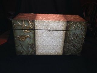 Vtg Like Embossed Decorative Metal Chest Box Footed Hinged 22x12x9 Hasp Closure