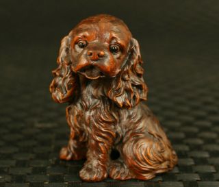 Unique Old Boxwood Hand Carved Long Hair Dog Statue Exquisite Hand Piece