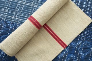 Antique European Hemp Grain Sack Red Stripes With Blue/green Stitching