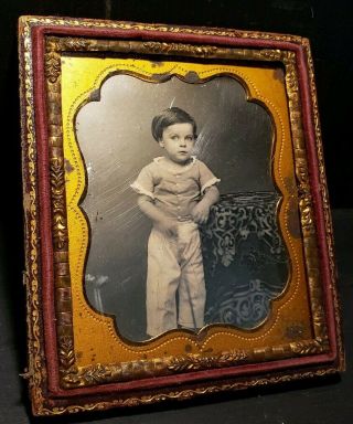 Antique Daguerreotype Little Boy With Curious Look On His Face,  Standing By Table