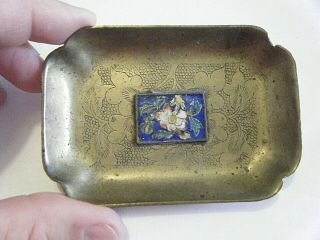 Antique 1920s Chinese Cloisonne Enamels On Engraved Brass 3.  5 " Pin Dish Tray
