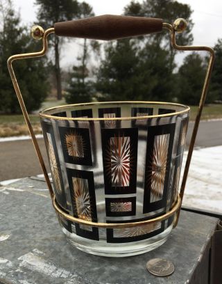 Rare Atomic Starburst Holder & Glass Ice Bucket Black Gold Mid Century Modern