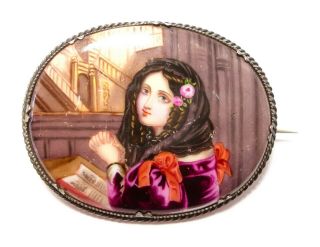 Large Antique Victorian Silver And Hand Painted Porcelain Brooch