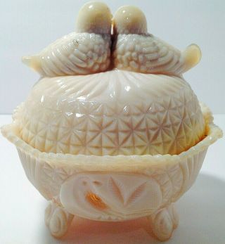 Vintage Pink Milk Glass Nesting Lovebirds.  Rare Footed.  Large 7 3/4 " By 7 1/2 "