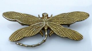 Vintage Dragonfly Brooch Pin Antique Gold Bronze Tone Metal Etched Wings