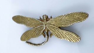 Vintage Dragonfly Brooch Pin Antique Gold Bronze Tone Metal Etched Wings 3