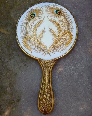 Antique Peacock Feathers Gold Hand Painted Hand Held Mirror Brass Angel Handle