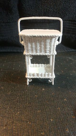 White Wicker Miniature Dollhouse Basket Stand Table Artisan Signed Kbm 1985