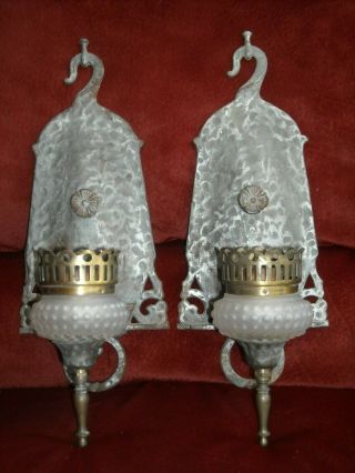 Pair Antique Vintage Iron Frosted Hobnail Wall Sconce Light Fixtures