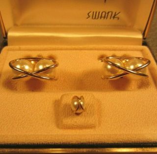 Vintage Cradled Double Pearl Yellow Gold Plated Cuff Links