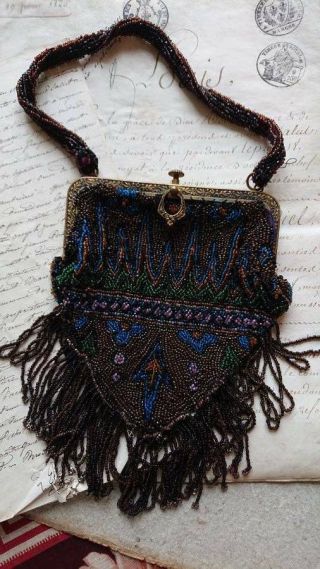Delicieux Antique French Beaded Purse Bag Evening Bag Gilded Frame 1920s