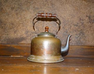 15907/ Antique Copper Tea Pot Tea Kettle Wood Handle Estate Item