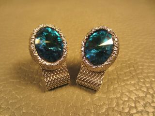 Vintage Blue Prism Glass Wrap Around White Gold Plated Cuff Links