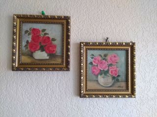 Vtg Sweet Mini Red And Pink Rose Oil Paintings Pair On Canvas Signed M.  Ford