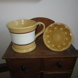 Antique Yellow Ware Banded Mug And Small Yellow Ware Mold