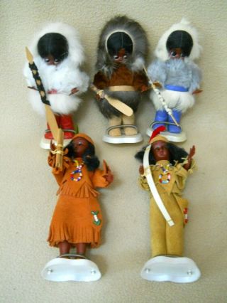 3 Vintage Eskimo Dolls & Chief & Squaw Dolls/ Leather & Fur Clothing