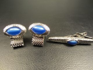 Vintage Blue Lucite Wrap Around White Gold Plated Cuff Links With Tie Clasp