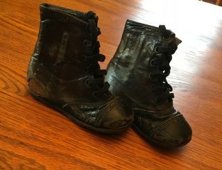 Antique Baby Childs Black Lace Up Shoes/boots