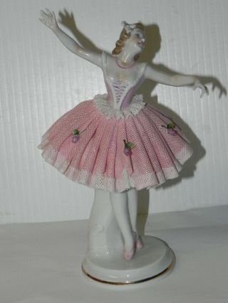 Antique Dresden Porcelain Lace Ballerina Figurine Dancer 7.  5 " Tall W/flowers Vtg