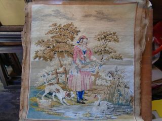 Antique Berlin Woolwork Large Tapestry.  Girl Dog Swan.  Circa 19th.