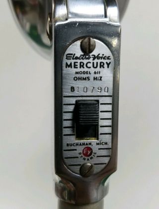 Vintage Electro Voice Mercury Model 611 OHMS HiZ Microphone B10790 1950 ' s Rare 3