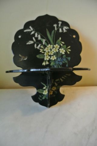 Antique Victorian Black Lacquer Wall Shelf Wooden Hand Painted Bird Flowers 11 "