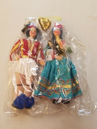 Vintage Souvenir Doll Set From Greece Dolls Man Woman Handmade Blue Dress