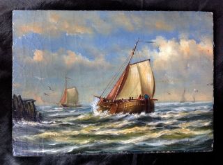 Fine Antique 19th C Miniature Small Seascape Oil Painting Sea Ship Boat Figures