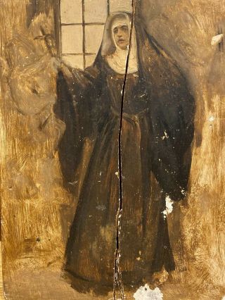 Unusual 19th Century Portrait Sketch Of A Nun Oil On Panel Antique Painting