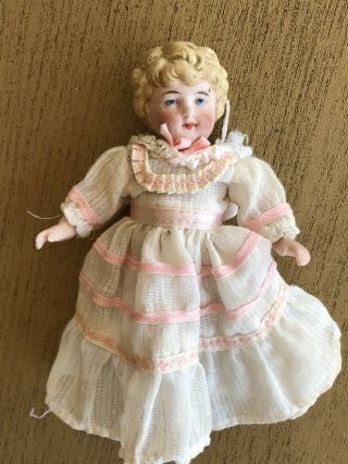 Antique German Bisque Dollhouse Doll Molded Hair Jointed Bisque 5” Sweet Gaze 2