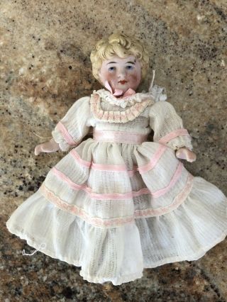 Antique German Bisque Dollhouse Doll Molded Hair Jointed Bisque 5” Sweet Gaze 3